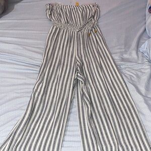 Striped White & Black Strapless Wide-Leg Jumpsuit